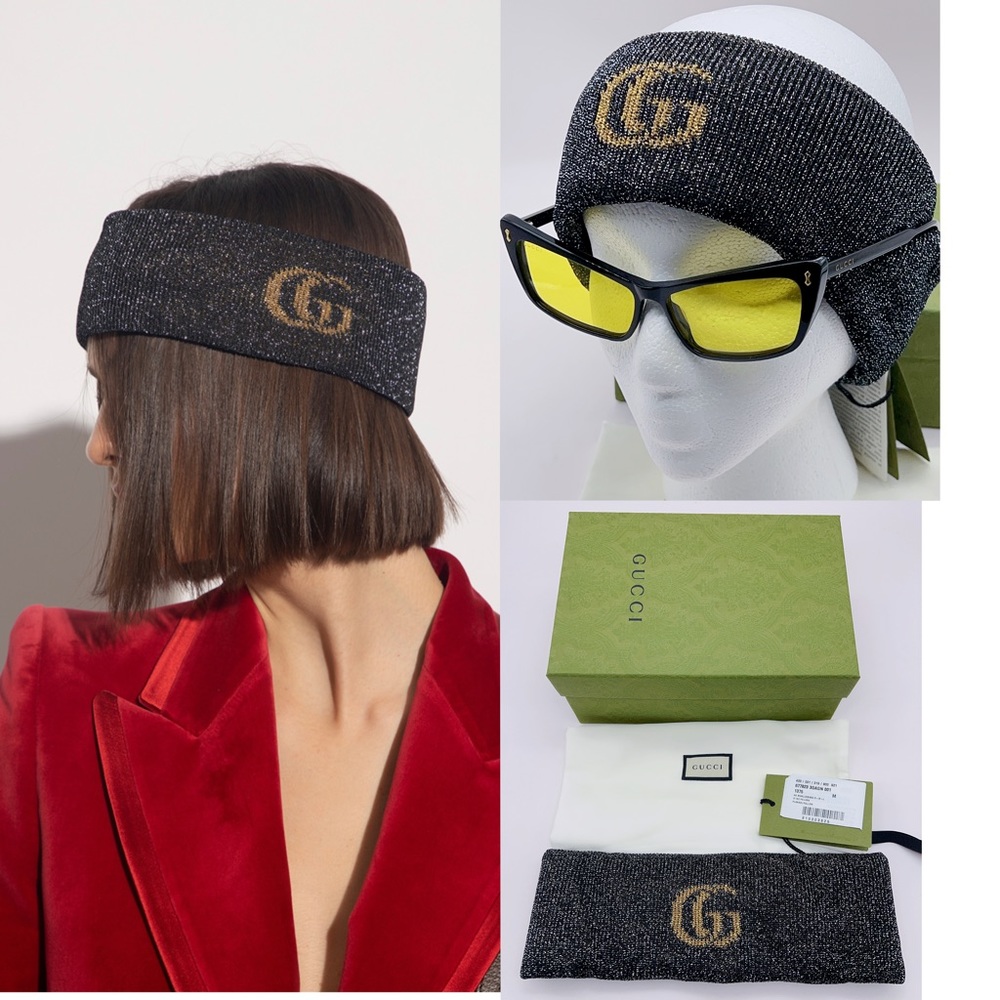 ❌SOLD❌NWT Authentic GUCCI Black Metallic Lurex Headband Logo GG Size M (57cm)